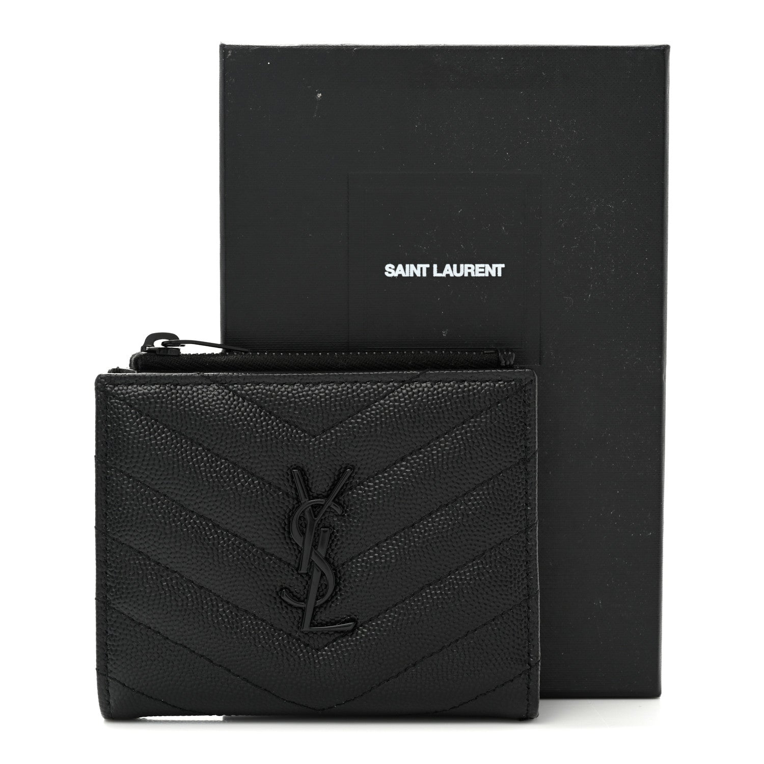 Saint Laurent Grain De Poudre Matelasse Chevron Monogram Zipped Card Case Black 9 of 9