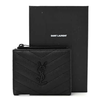 Saint Laurent Grain De Poudre Matelasse Chevron Monogram Zipped Card Case Black 9 of 9