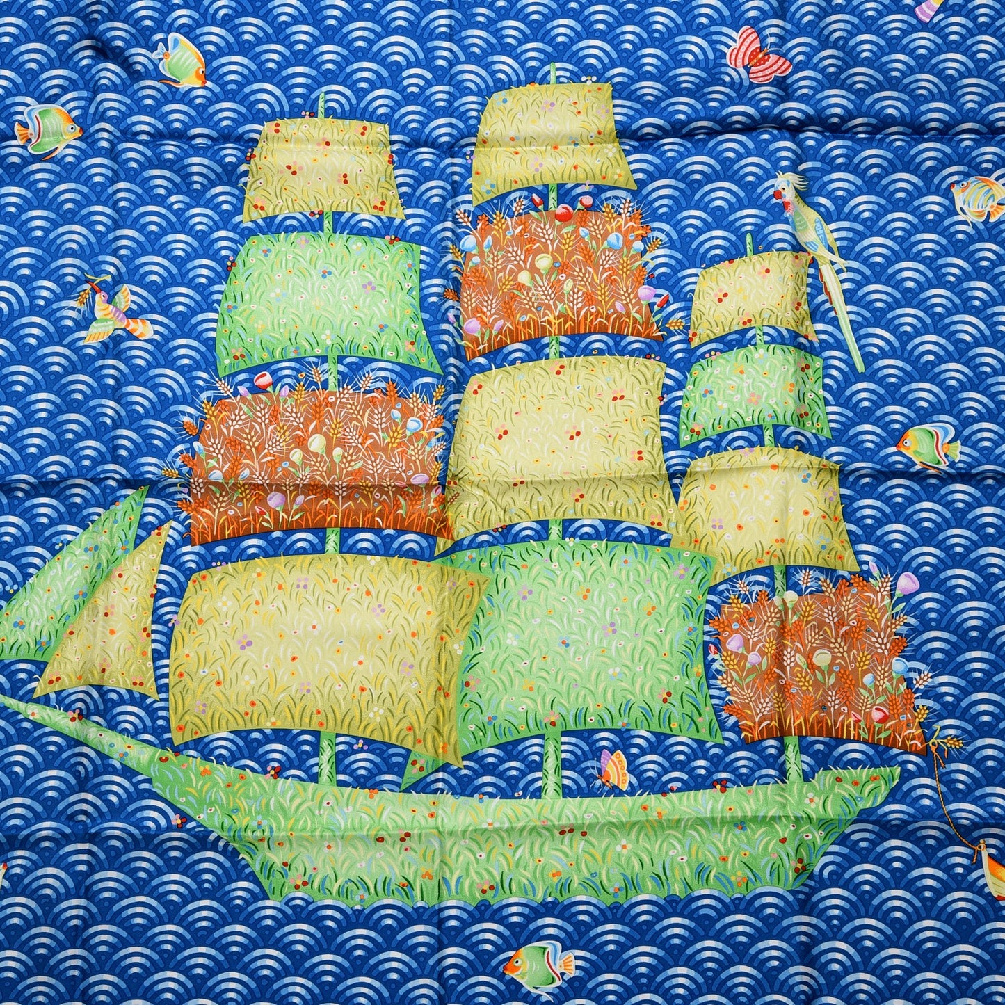 Silk Bateau Fleuri Scarf 90 Bleu Vert Jaune