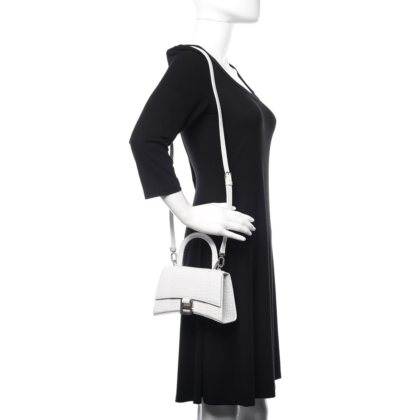 Shiny Calfskin Crocodile Embossed Hourglass Top Handle Bag XS White