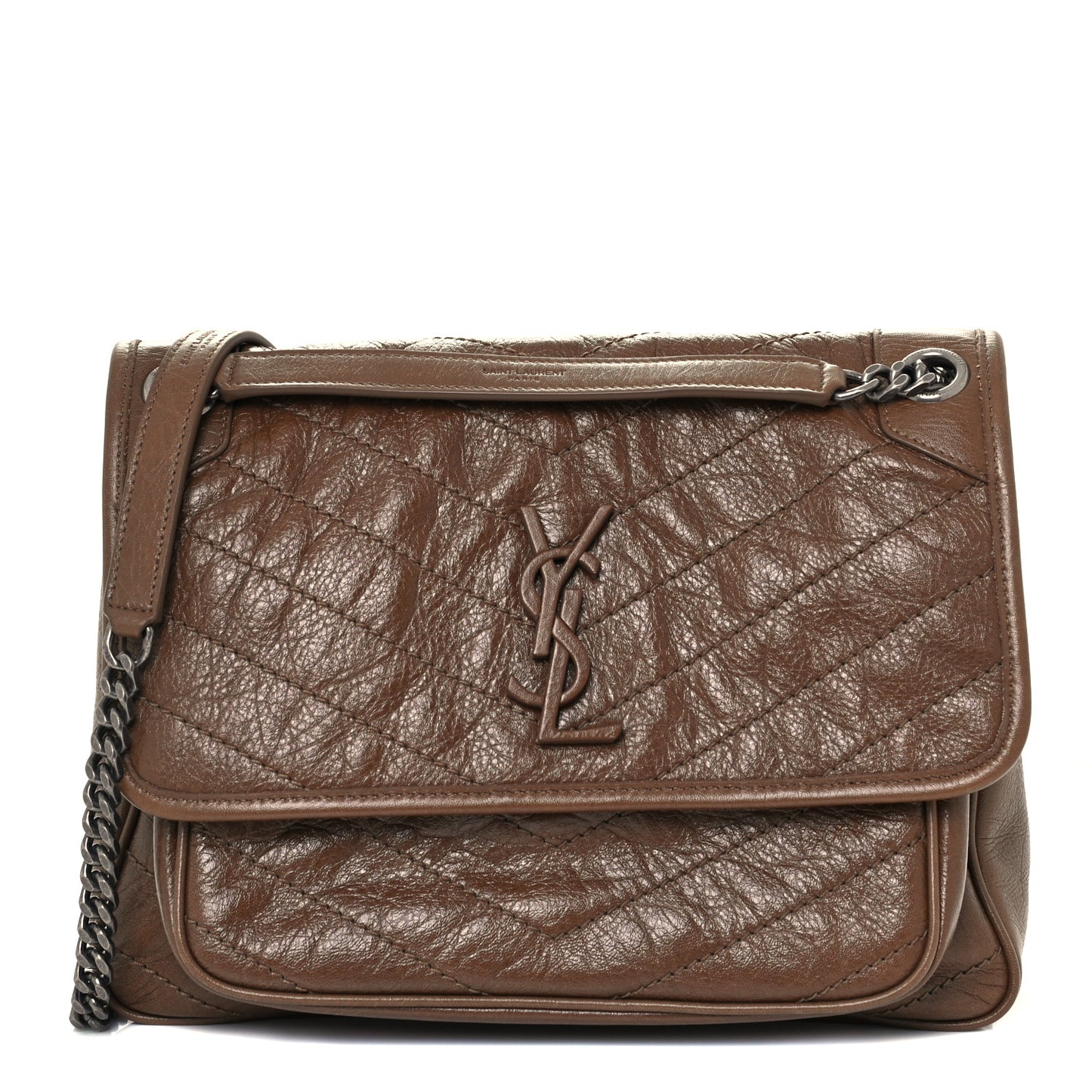 Crinkled Calfskin Matelasse Monogram Medium Niki Chain Satchel Tan Brown