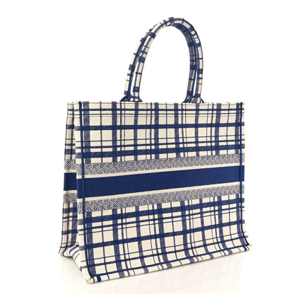 Christian Dior Canvas Embroidered Large Plaid Book Tote Navy 2 of 10