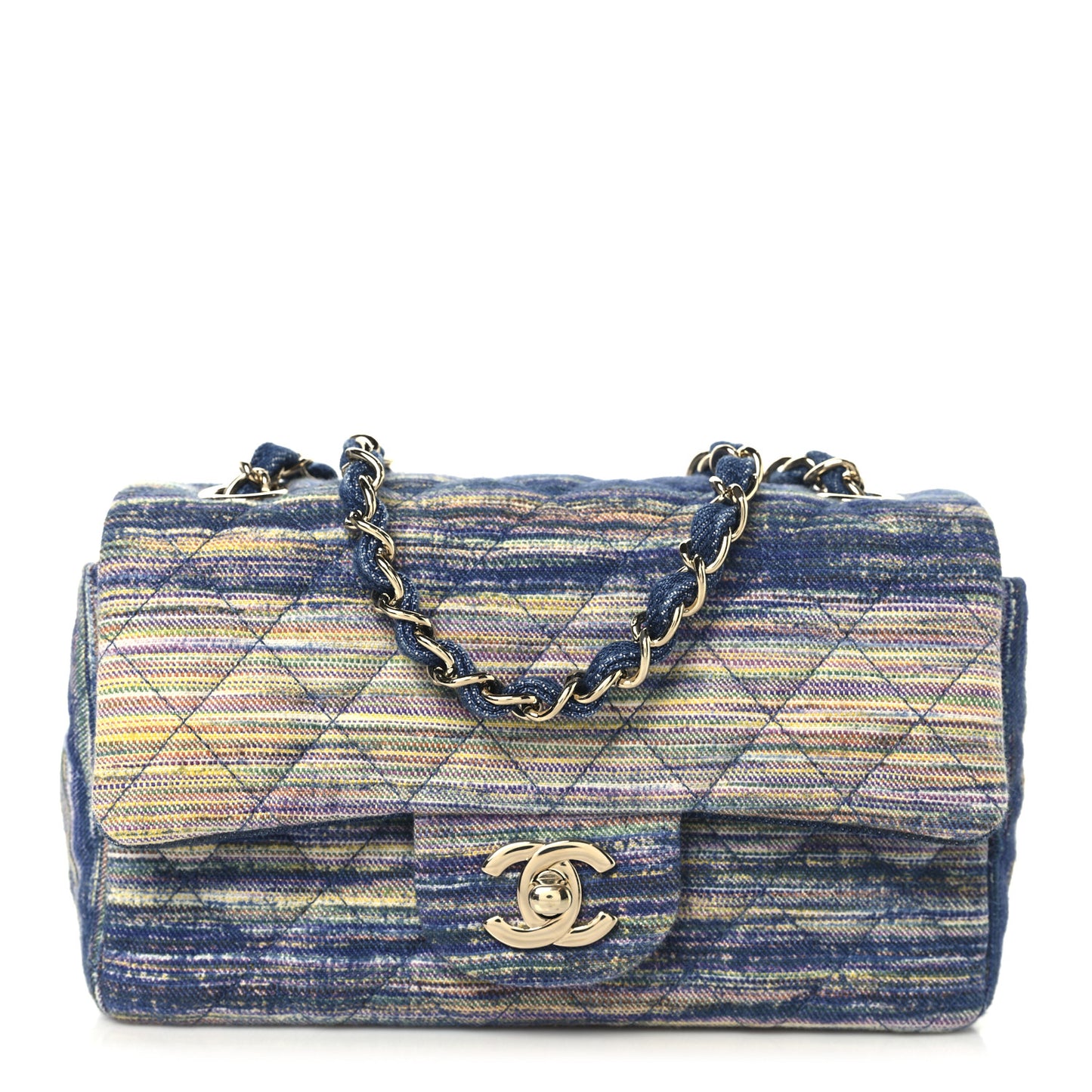 Striated Denim Quilted Classics in Fabrics Mini Rectangular Flap Navy Yellow Purple Green Multicolor