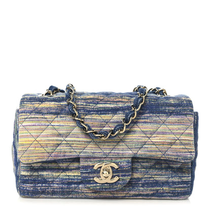 Chanel Striated Denim Quilted Classics in Fabrics Mini Rectangular Flap Navy Yellow Purple Green Multicolor 1 of 10