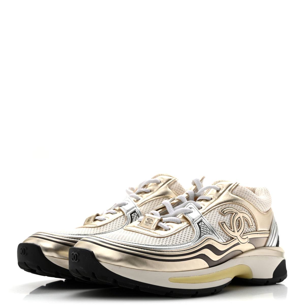 Chanel Fabric Laminated Calfskin Stretch CC Sneakers 38 41.5 White Gold Silver 4 of 12