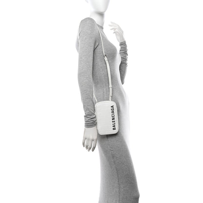 Balenciaga Shiny Calfskin Logo Crocodile Embossed Cash Phone Holder Bag White Black 2 of 13