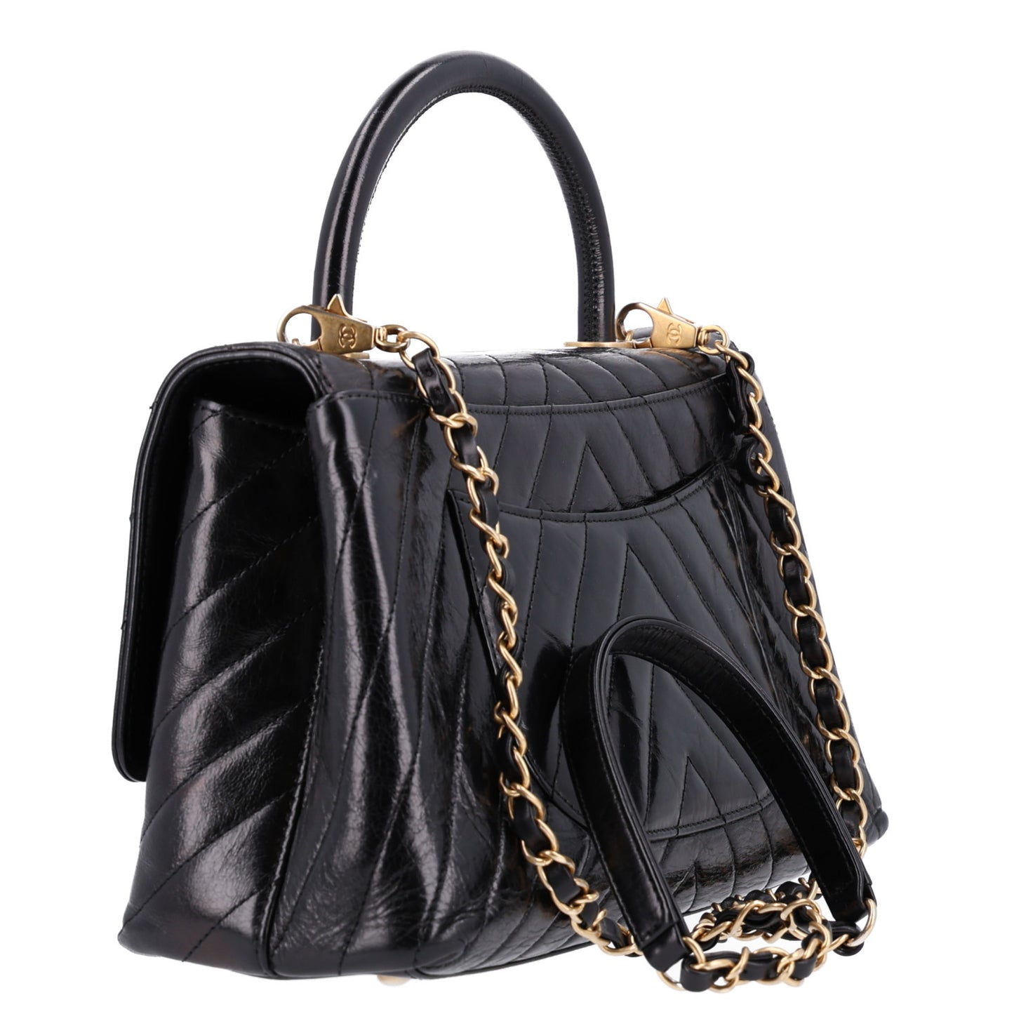 Aged Calfskin Chevron Quilted Small Coco Handle Flap Black