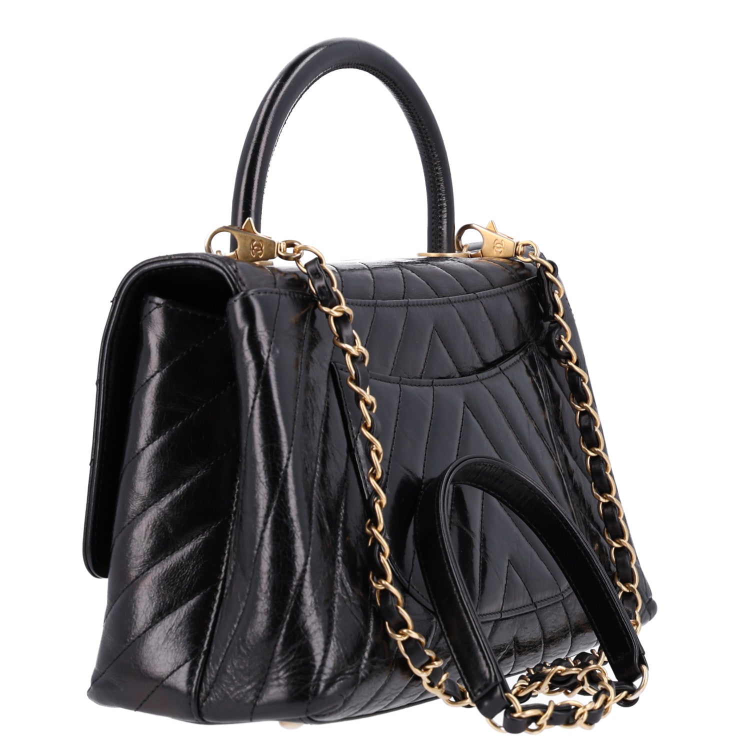 Chanel Aged Calfskin Chevron Quilted Small Coco Handle Flap Black 3 of 11