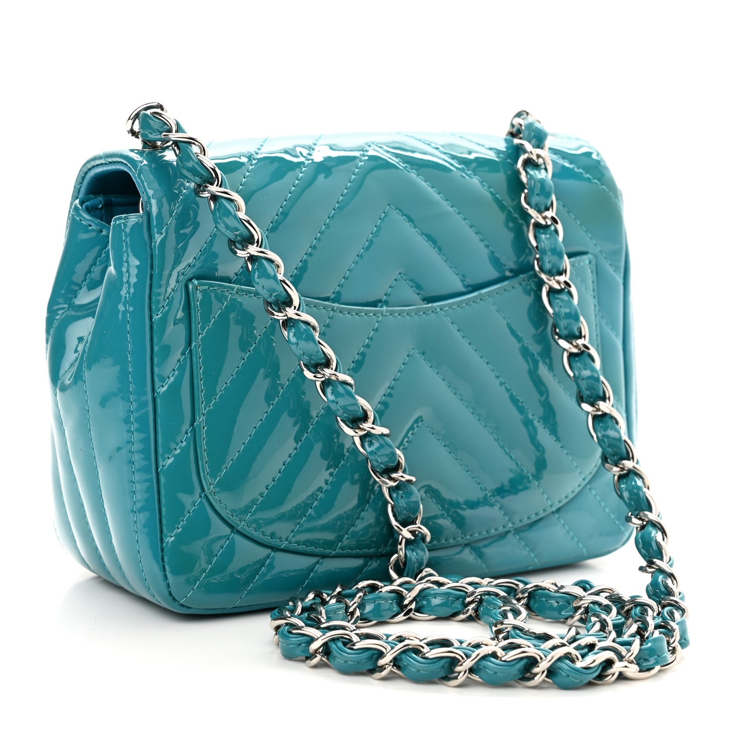 Patent Calfskin Chevron Quilted Mini Square Flap Blue