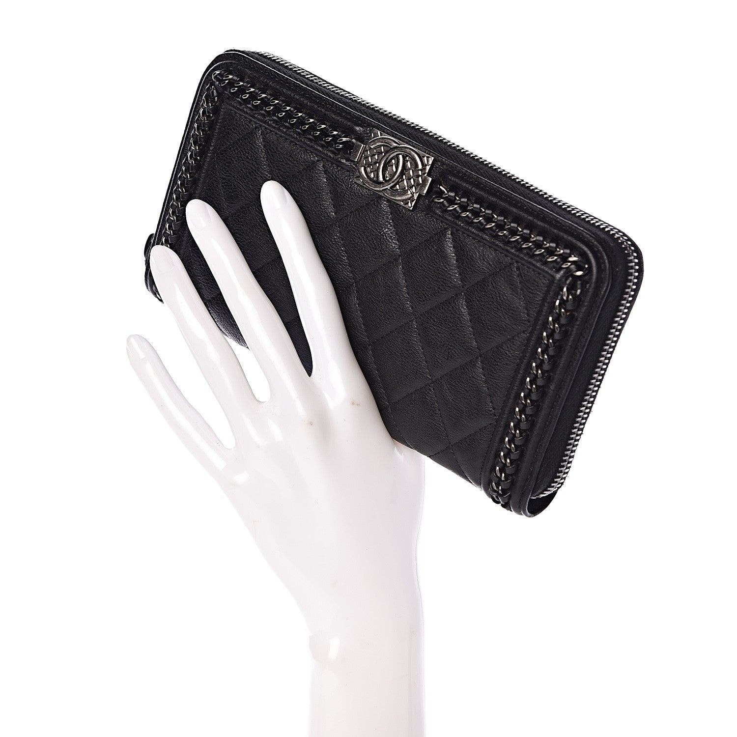 Chanel Calfskin Quilted Boy Chain Large Gusset Zip Around Wallet Black 2 of 9