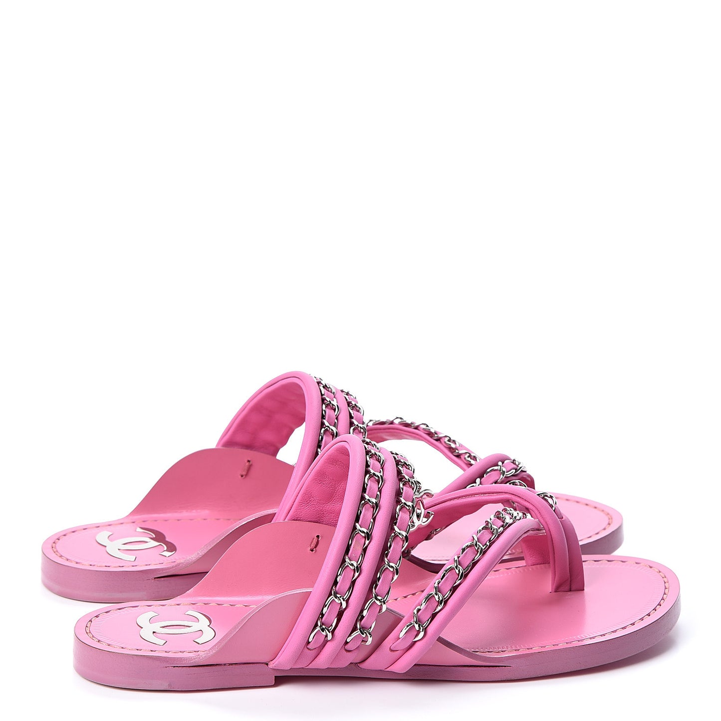 Calfskin Chain CC Thong Flat Sandals 36 Pink