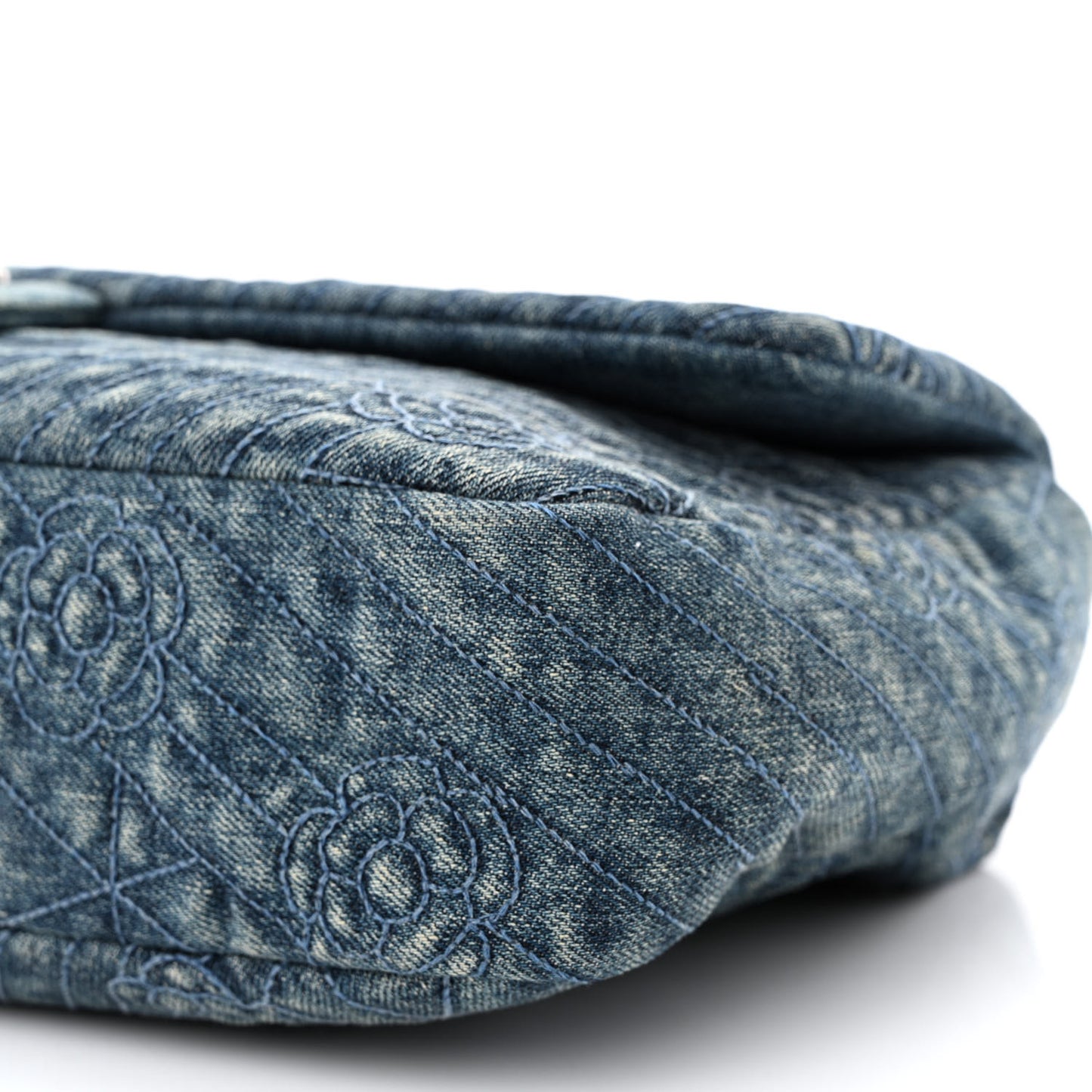 Denim Quilted Camellia Embroidered Large Flap Blue