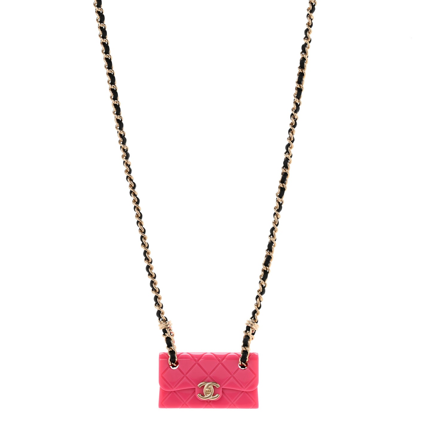 Metal Resin Lambskin Flap Bag Long Necklace Golden Pink Black