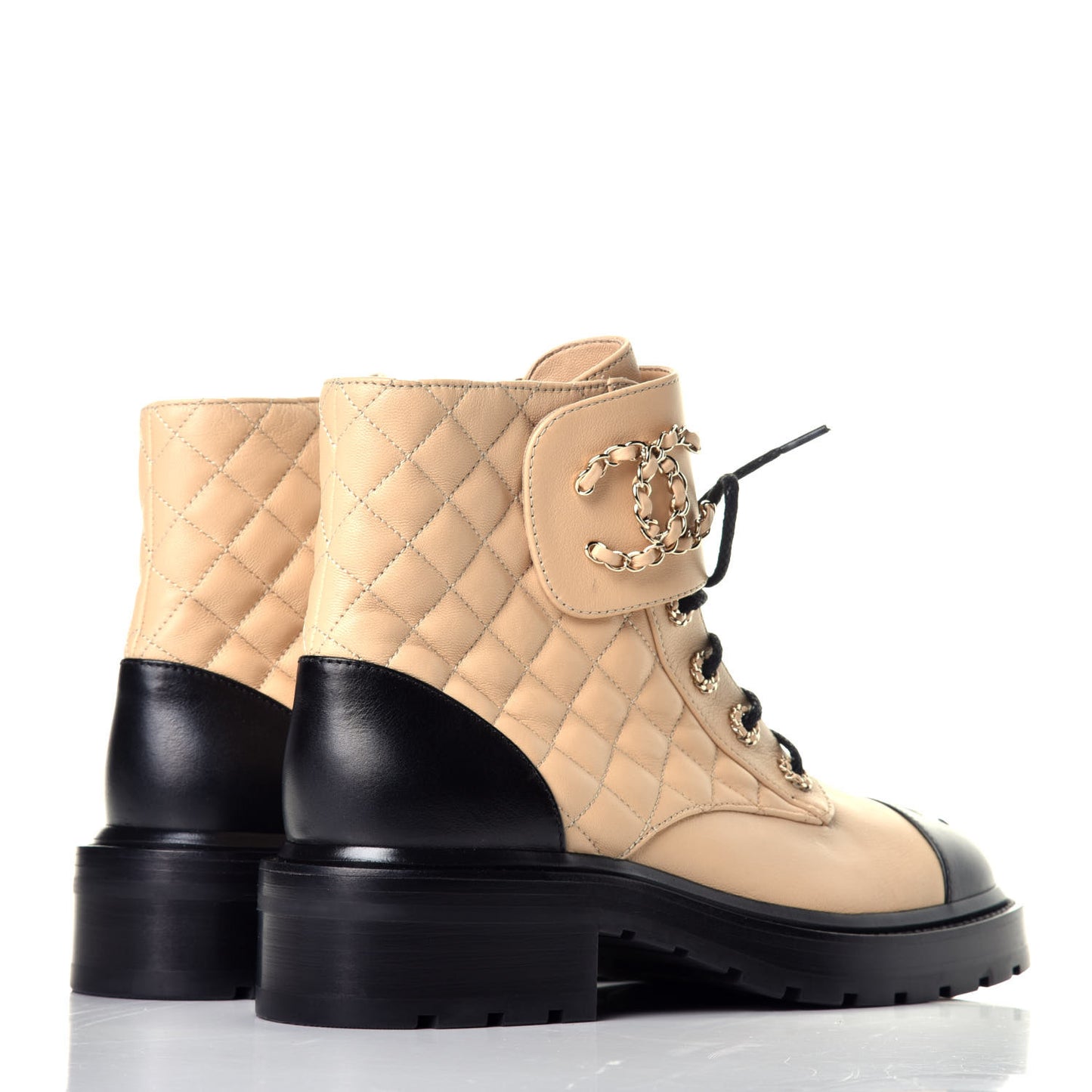 Lambskin Calfskin Quilted Lace Up Combat Boots 39.5 Beige Black