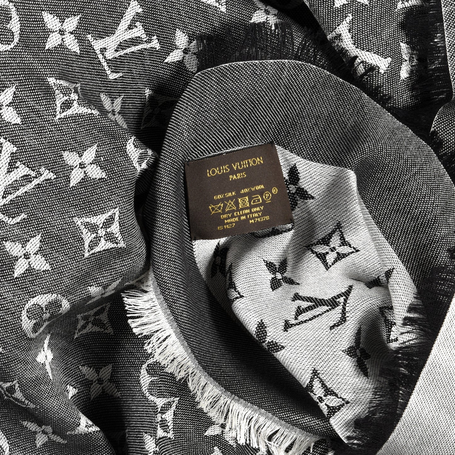Wool Silk Monogram Denim Shawl Black
