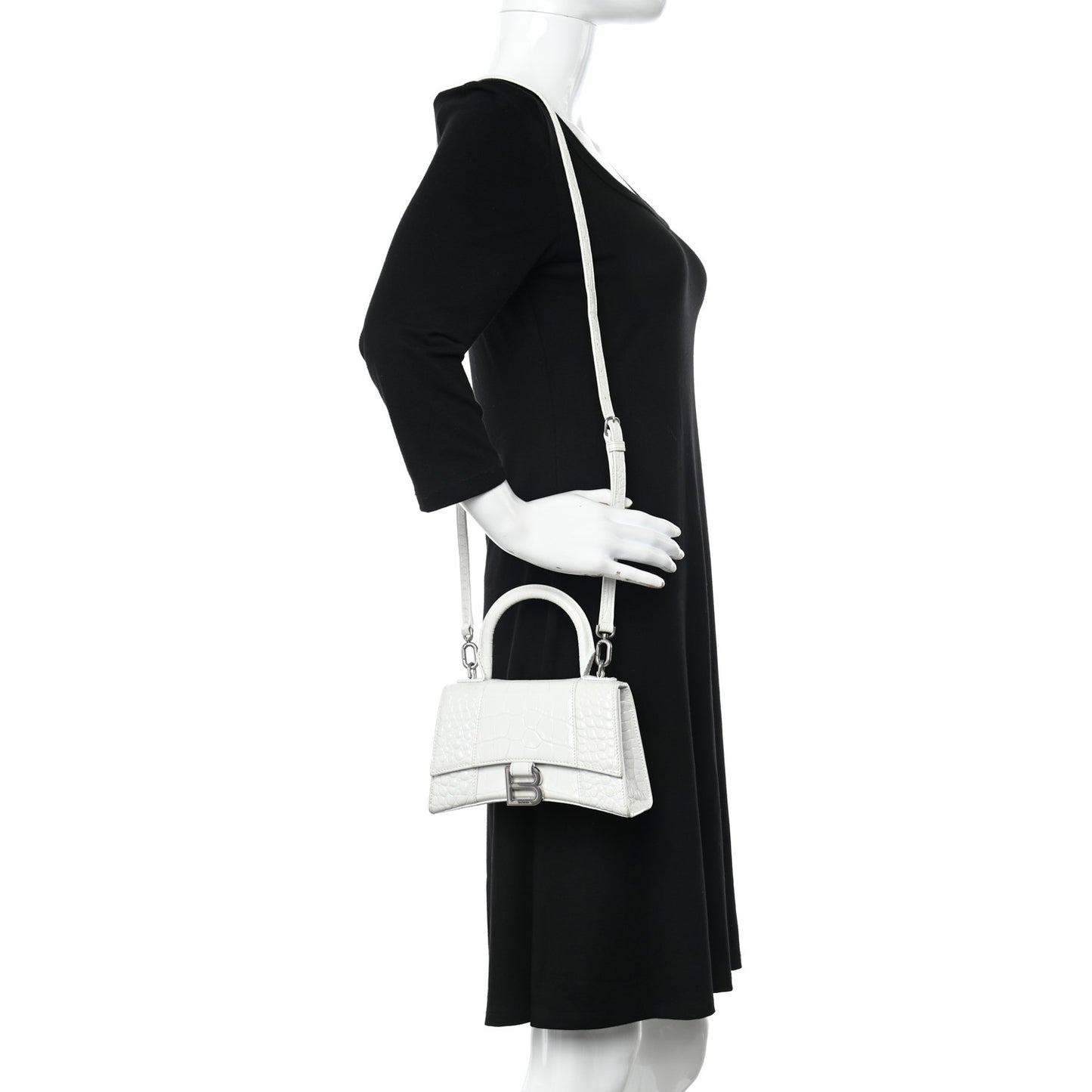 Shiny Calfskin Crocodile Embossed Hourglass Top Handle Bag XS White