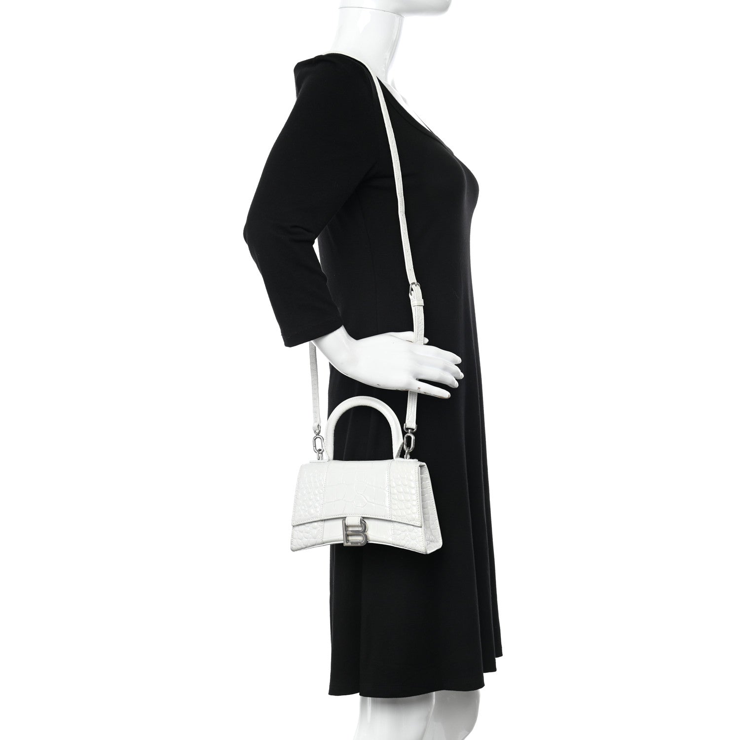 Balenciaga Shiny Calfskin Crocodile Embossed Hourglass Top Handle Bag XS White 2 of 11