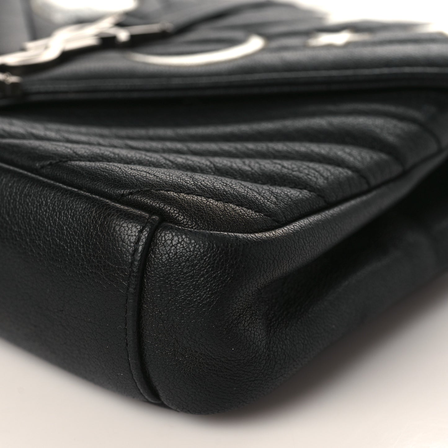Sheepskin Matelasse Chevron Patchwork Monogram Medium College Bag Black