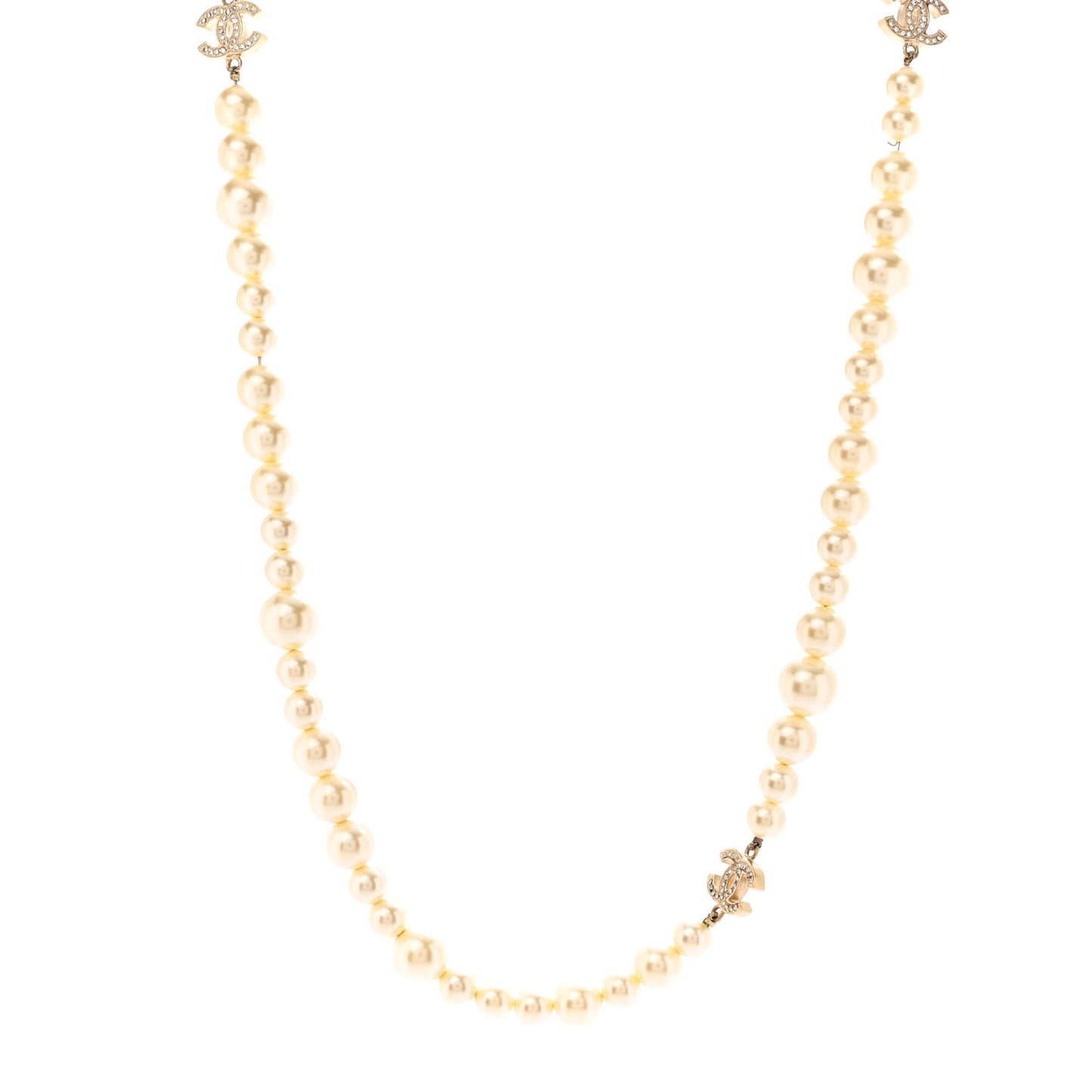 Graduated Pearl Crystal CC Long Necklace Light Gold