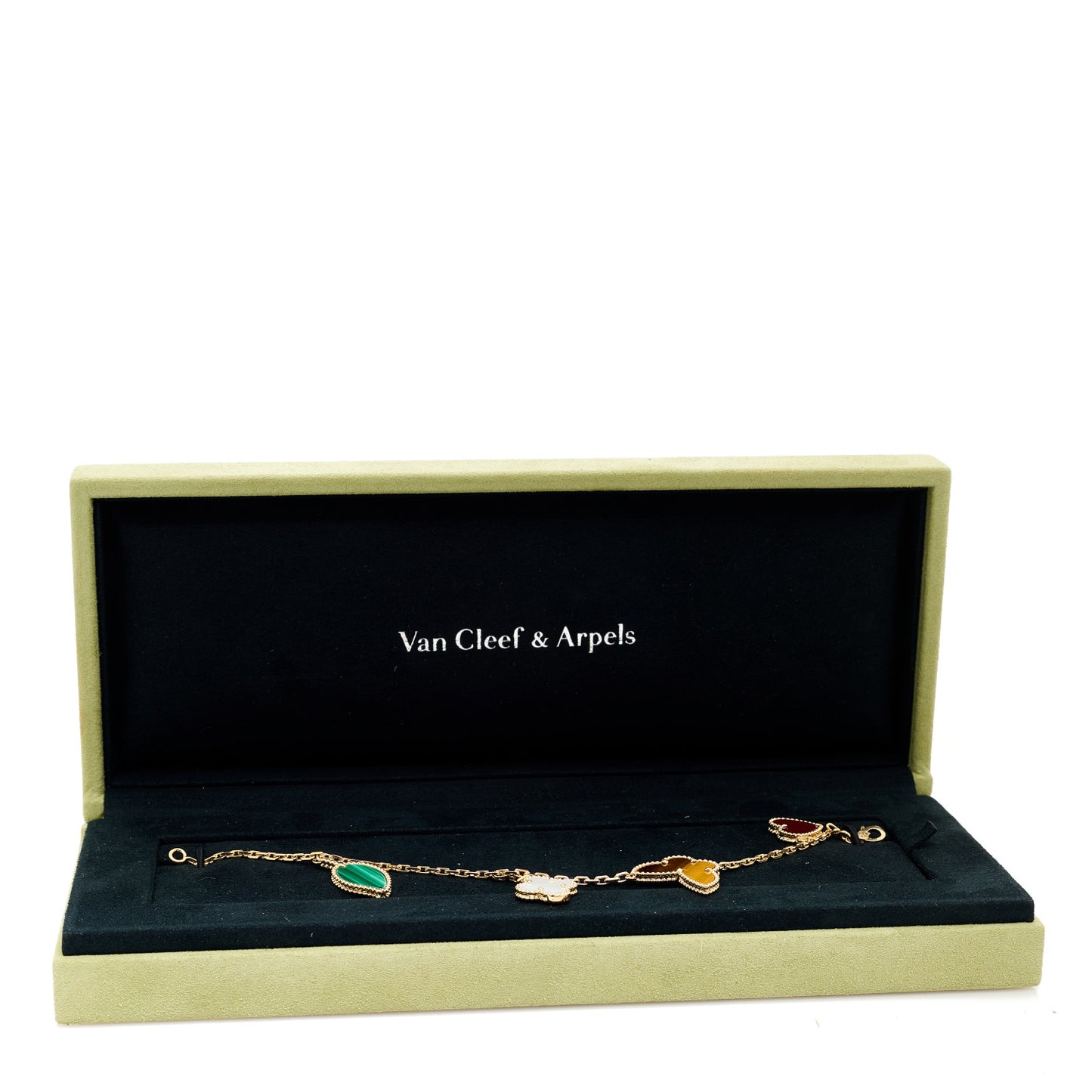 18K Yellow Gold Mother of Pearl Malachite Carnelian Tiger Eye 4 Motifs Lucky Alhambra Bracelet