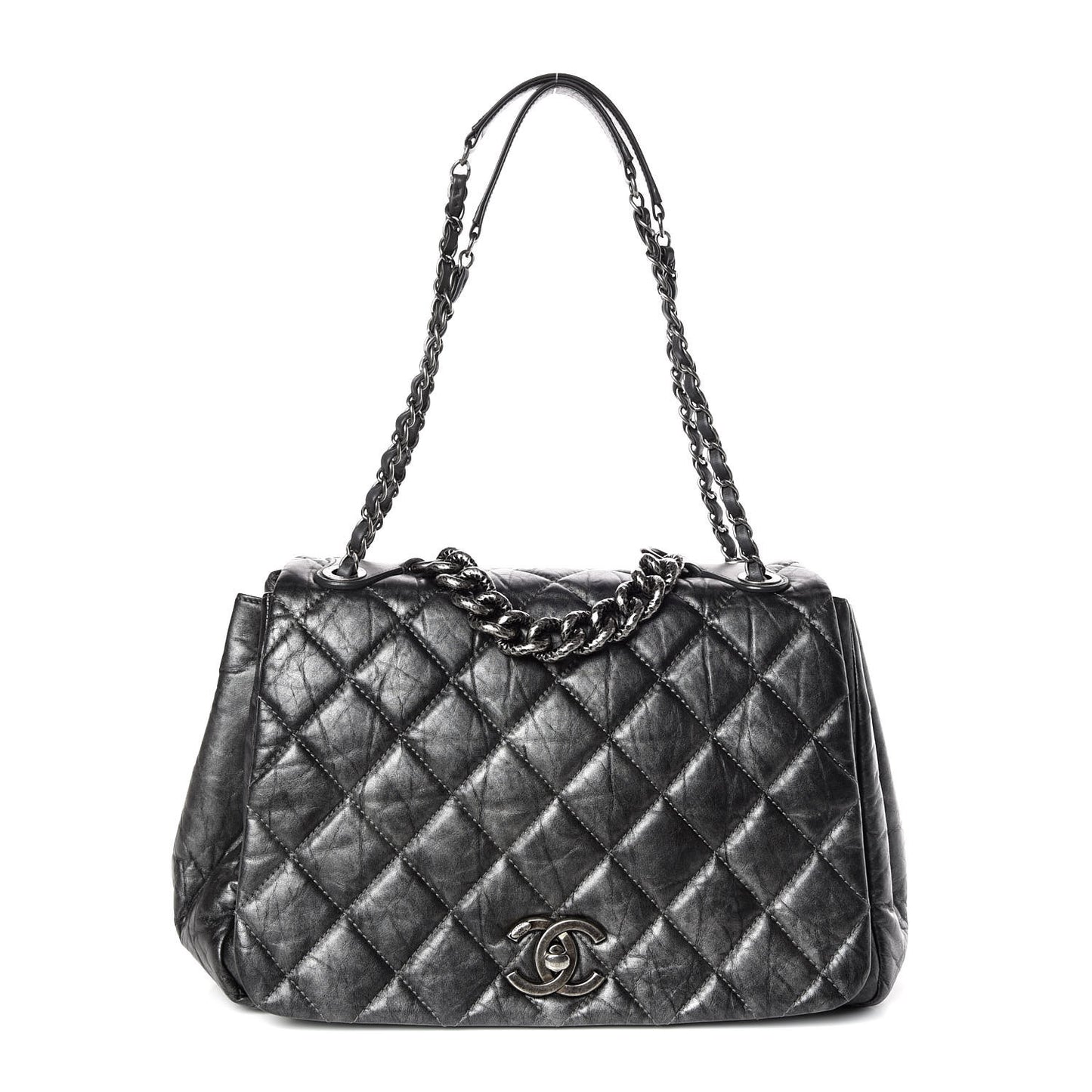 Metallic Aged Calfskin Quilted Large Pondichery Flap Dark Grey