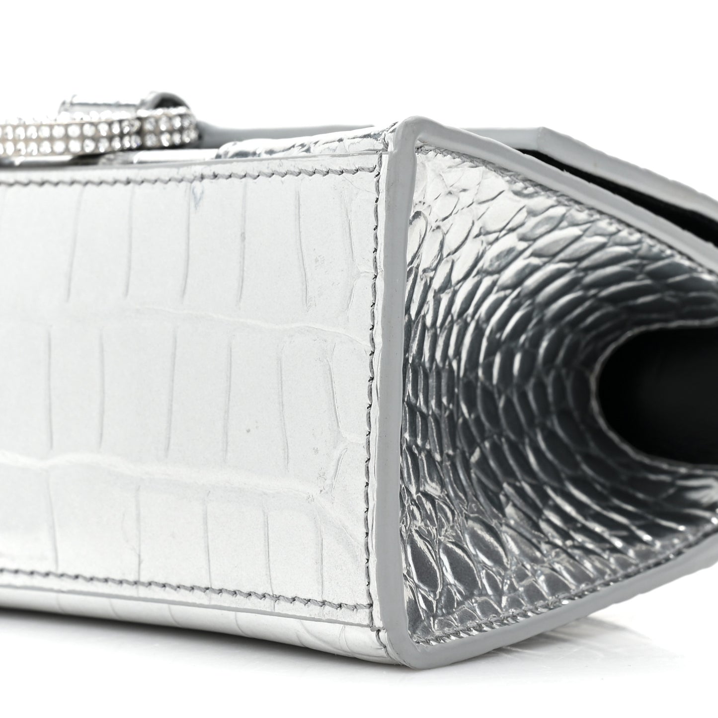 Metallic Calfskin Crocodile Embossed Crystal Hourglass Top Handle Bag XS Silver