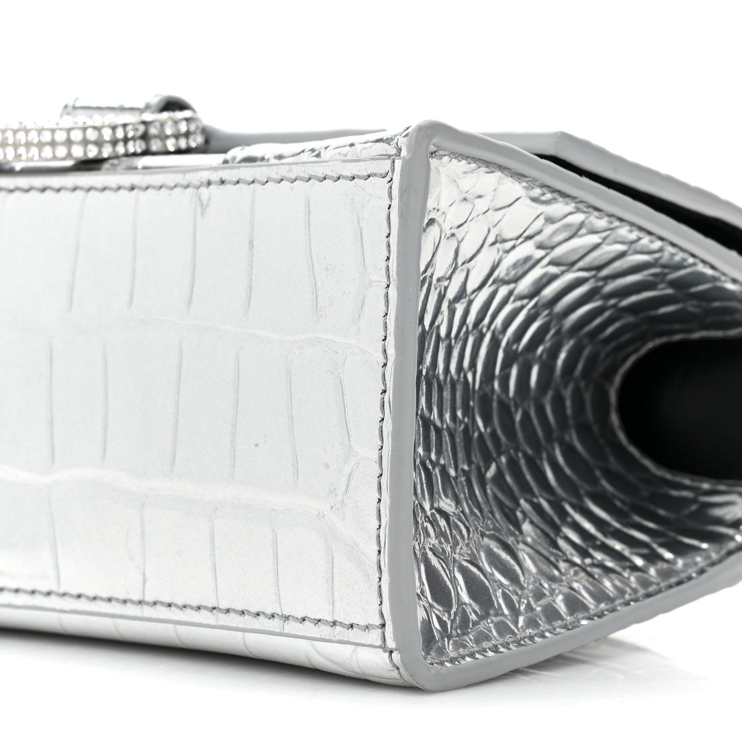 Balenciaga Metallic Calfskin Crocodile Embossed Crystal Hourglass Top Handle Bag XS Silver 9 of 16