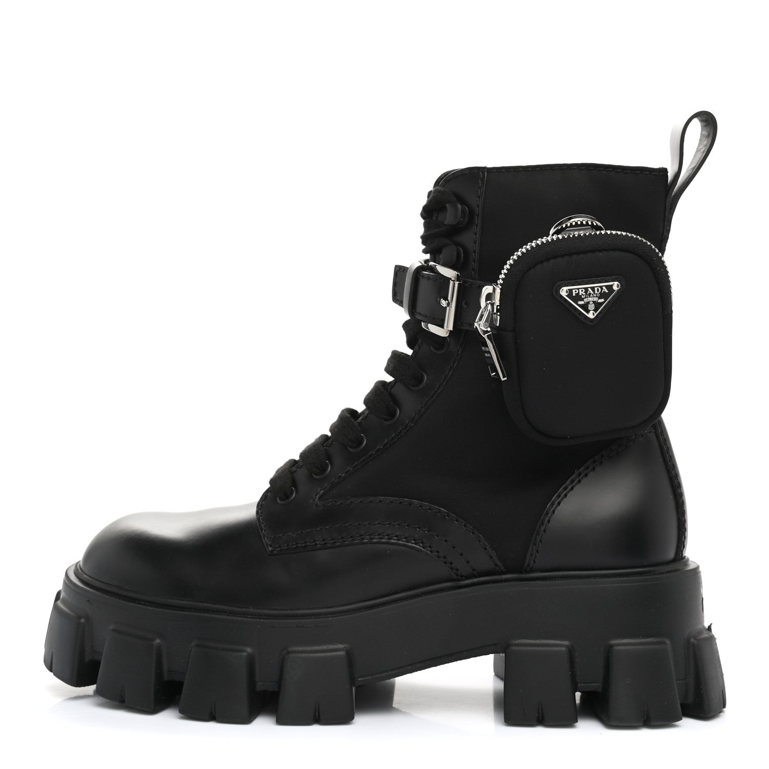 Prada Spazzolato Rois Re-Nylon Metal Triangle Logo Mens Monolith Pouch Pocket 60mm Combat Boots 7 Black 1 of 13