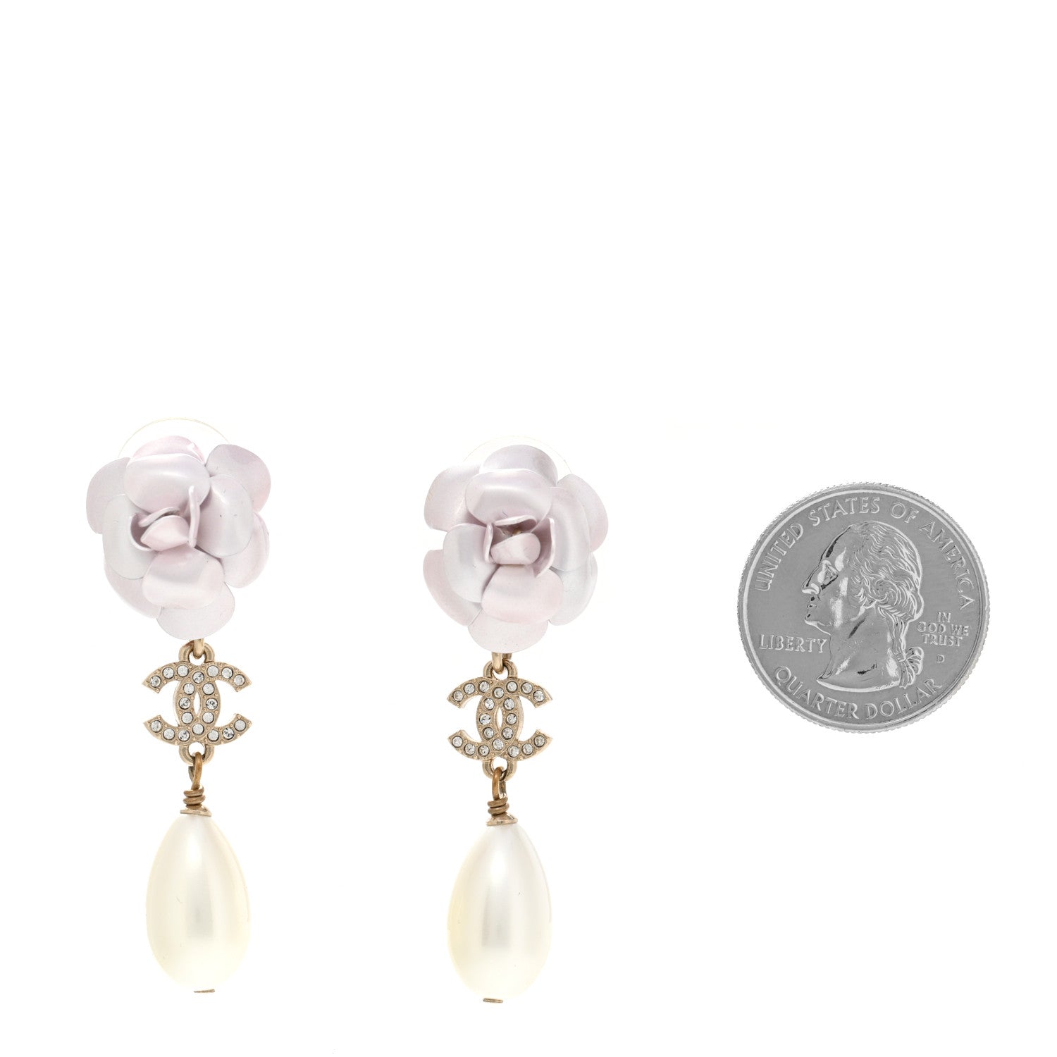 Chanel Metal Crystal Pearl 90s Camellia CC Drop Earrings Gold 2 of 4