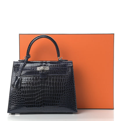 Hermes Shiny Porosus Crocodile Kelly Sellier 25 Bleu Marine 10 of 10