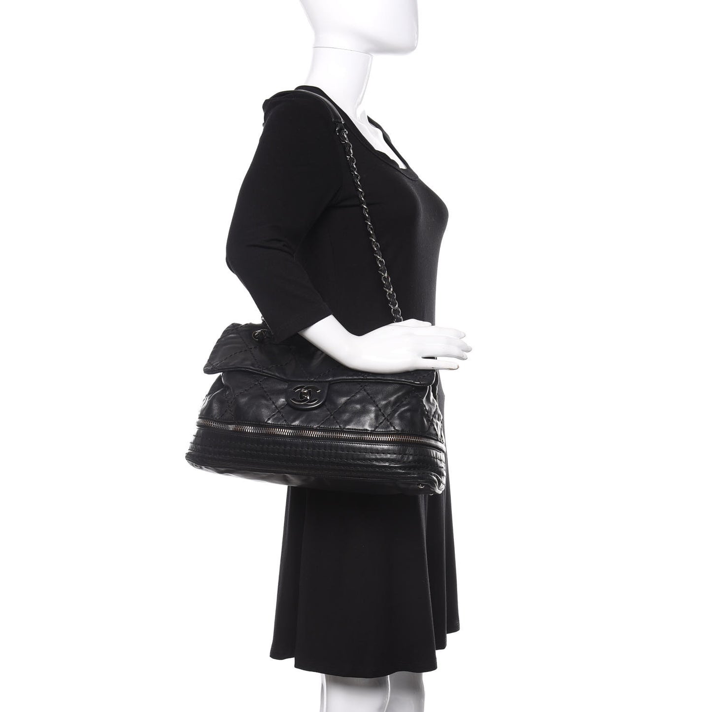 Calfskin Stitched Large Expandable Flap Bag Black