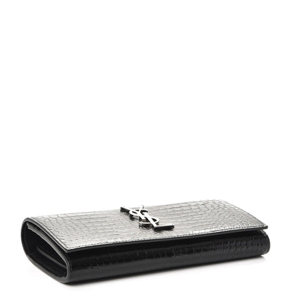 Saint Laurent Calfskin Crocodile Embossed Large Monogram Flap Wallet Black 4 of 7