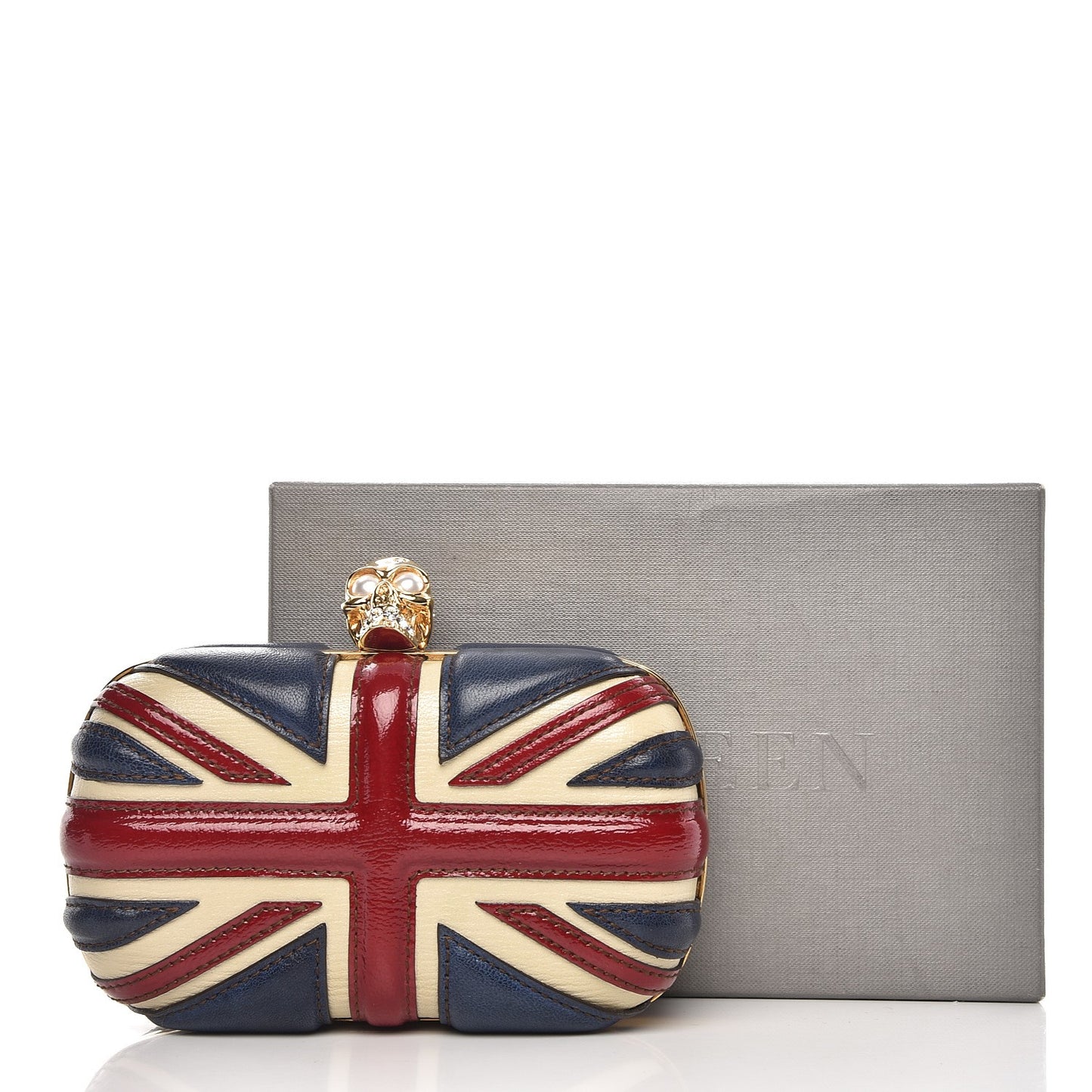 Patent Calfskin Britannia Skull Box Clutch Red Blue