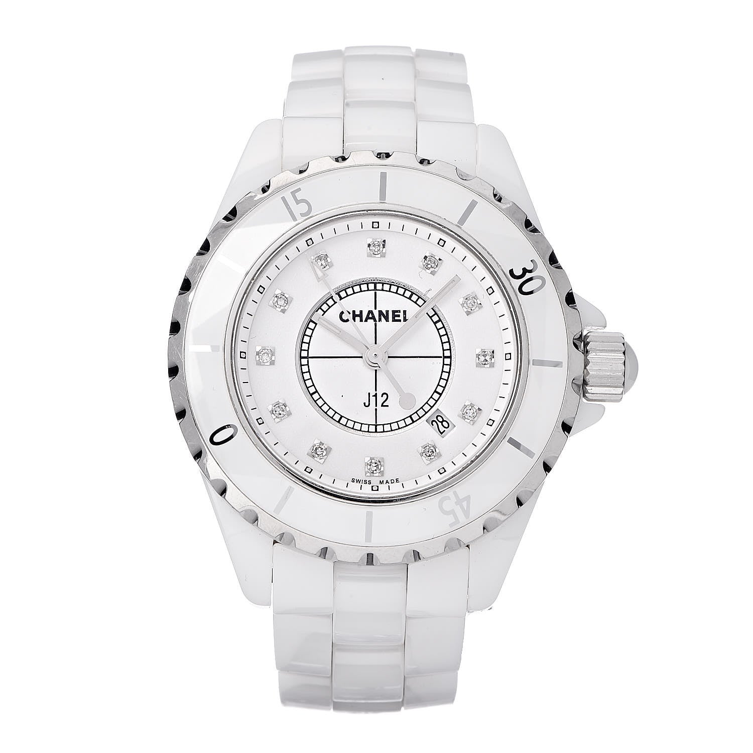 Chanel Stainless Steel Ceramic Diamond 33mm J12 Quartz Watch White 1 of 6