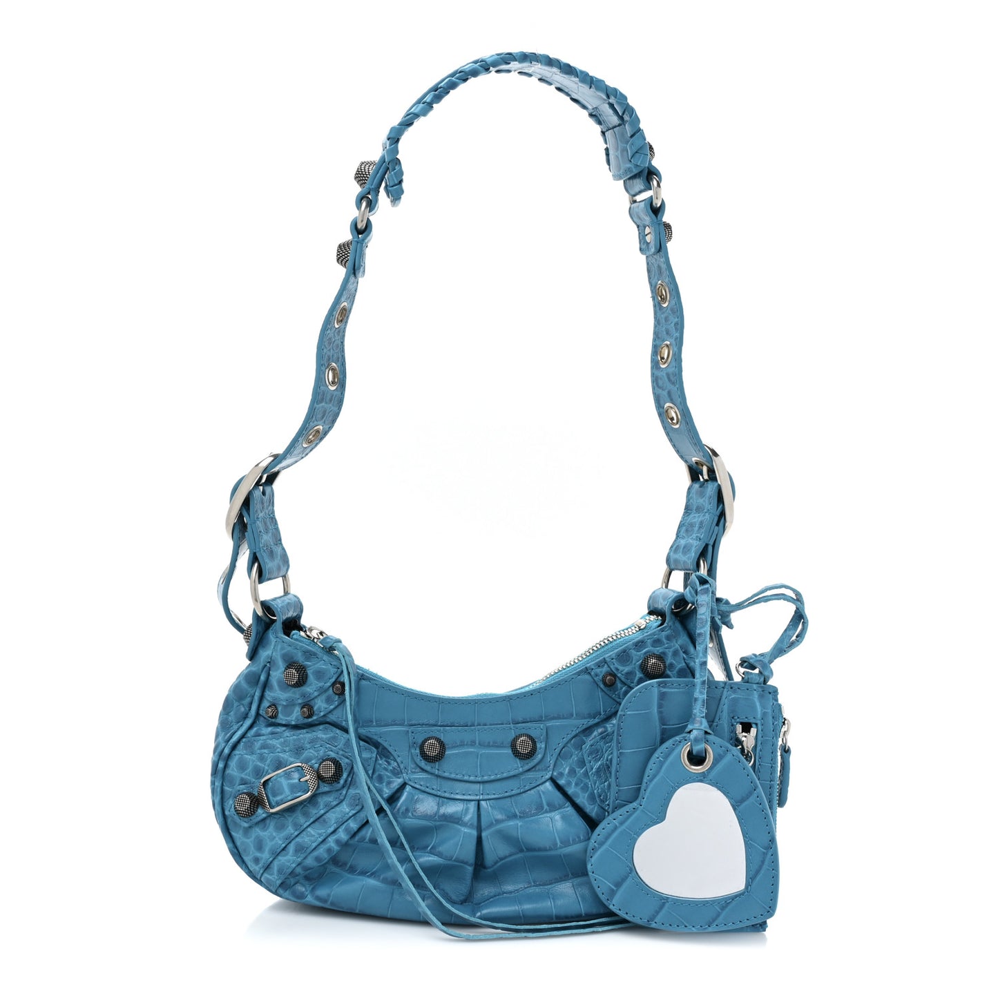 Extra Supple Calfskin Crocodile Embossed Le Cagole Shoulder Bag XS Turquoise