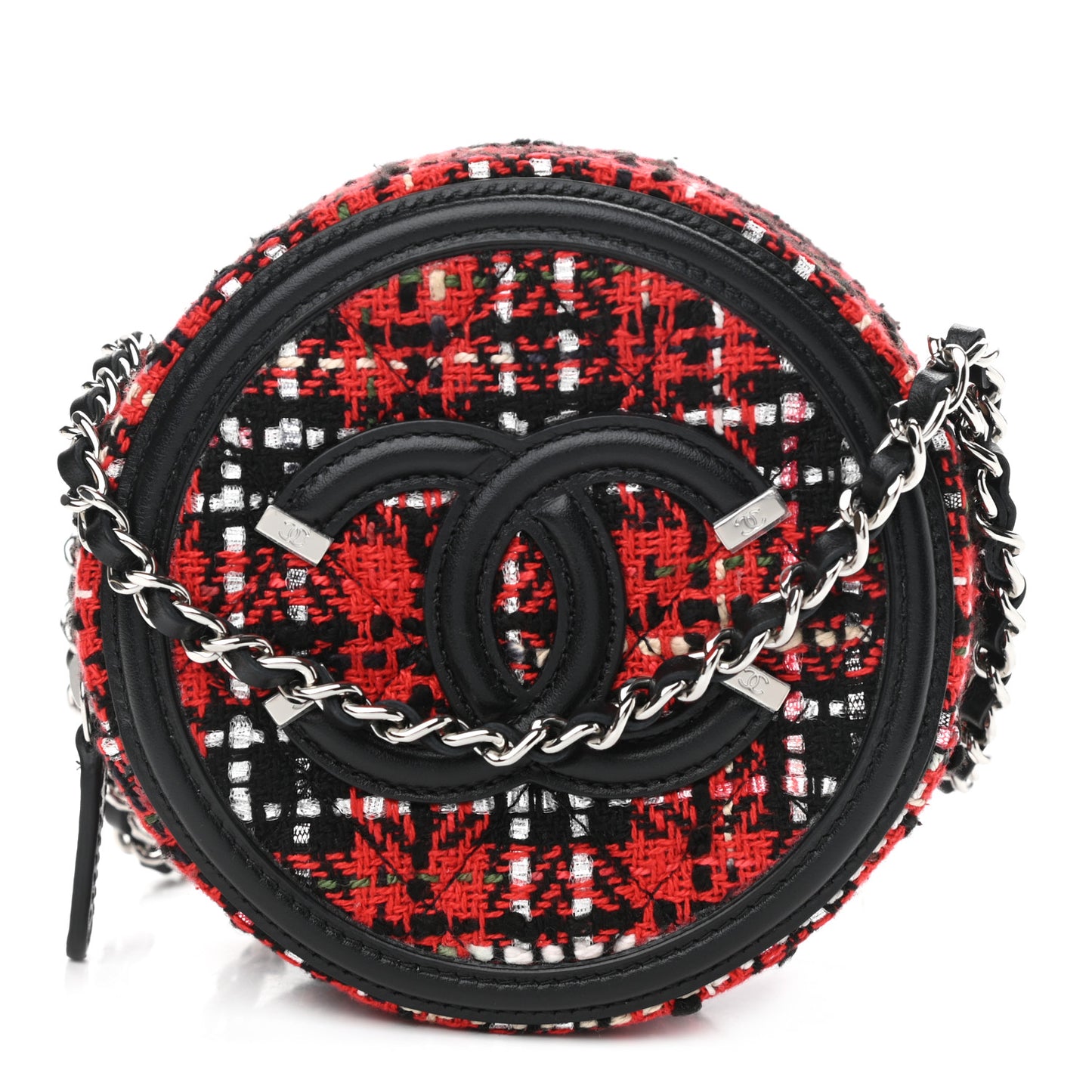 Tweed Quilted Round Filigree Clutch With Chain Red Black
