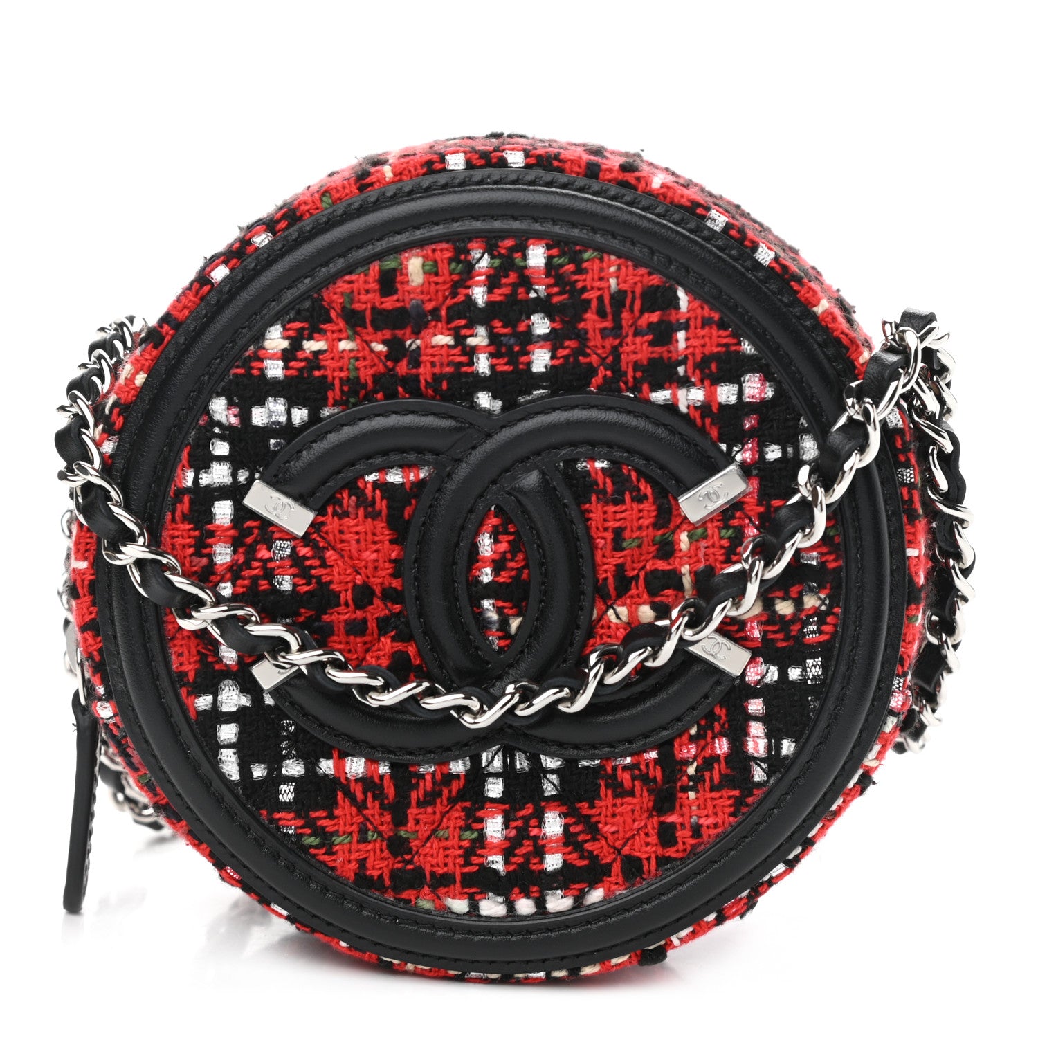 Chanel Tweed Quilted Round Filigree Clutch With Chain Red Black 1 of 9