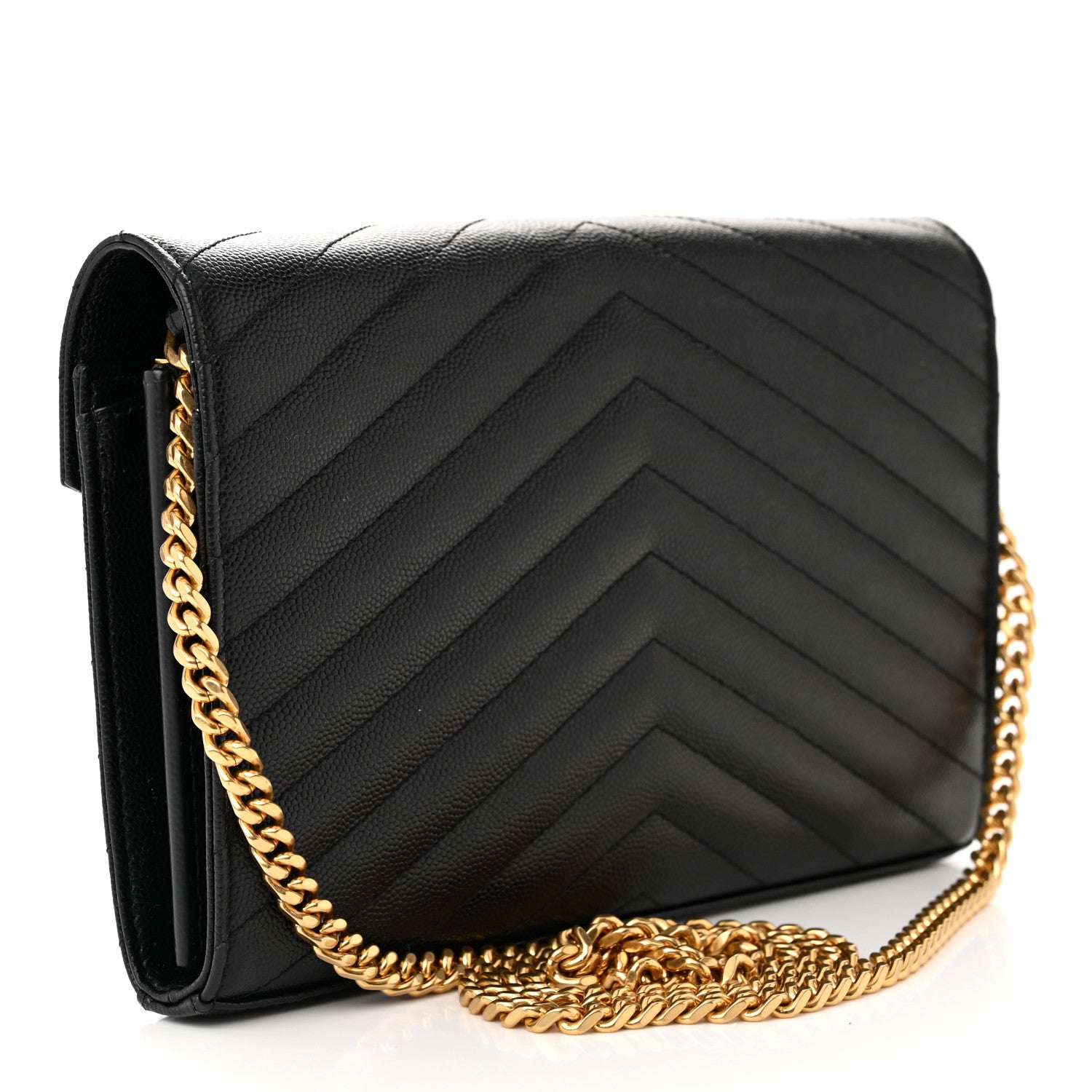 Saint Laurent Grain De Poudre Matelasse Chevron Monogram Chain Wallet Black 3 of 11