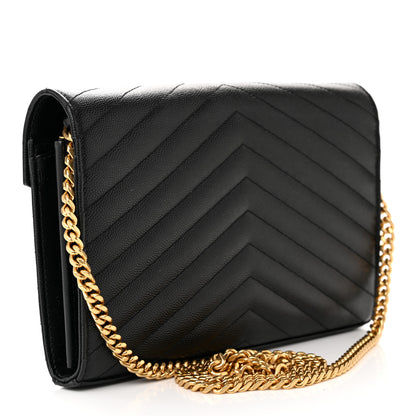 Saint Laurent Grain De Poudre Matelasse Chevron Monogram Chain Wallet Black 3 of 11