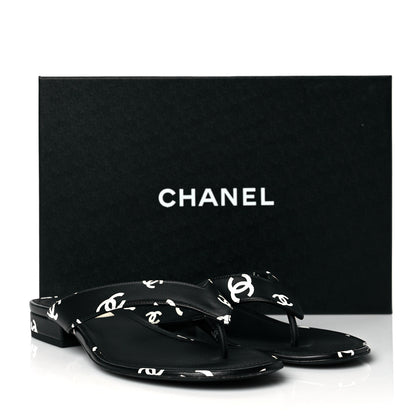 Chanel Lambskin Printed CC Thong Sandals 38.5 Black White 10 of 10