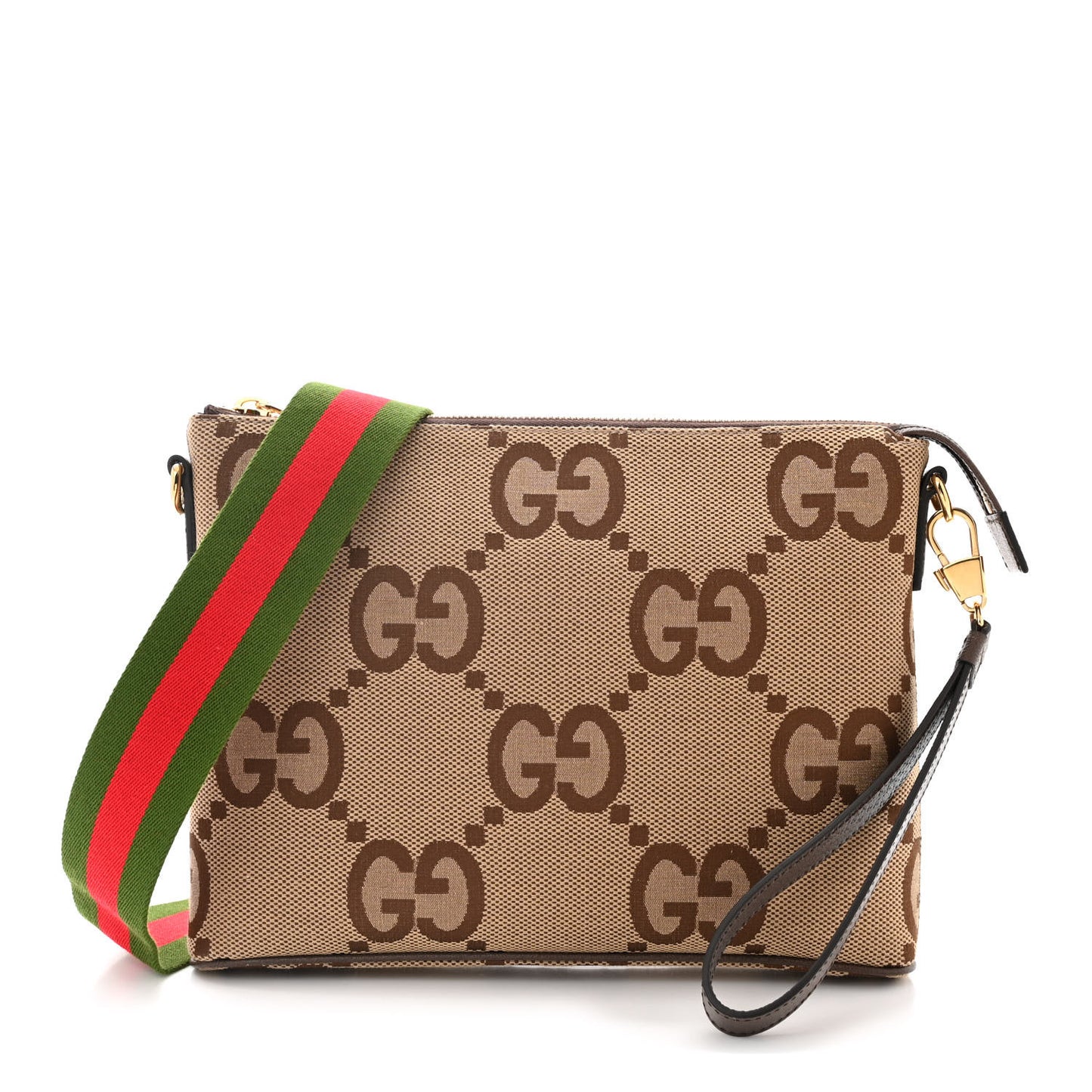 Monogram Jumbo GG Textured Dollar Calfskin Web Wristlet Messenger Bag Camel Ebony New Acero