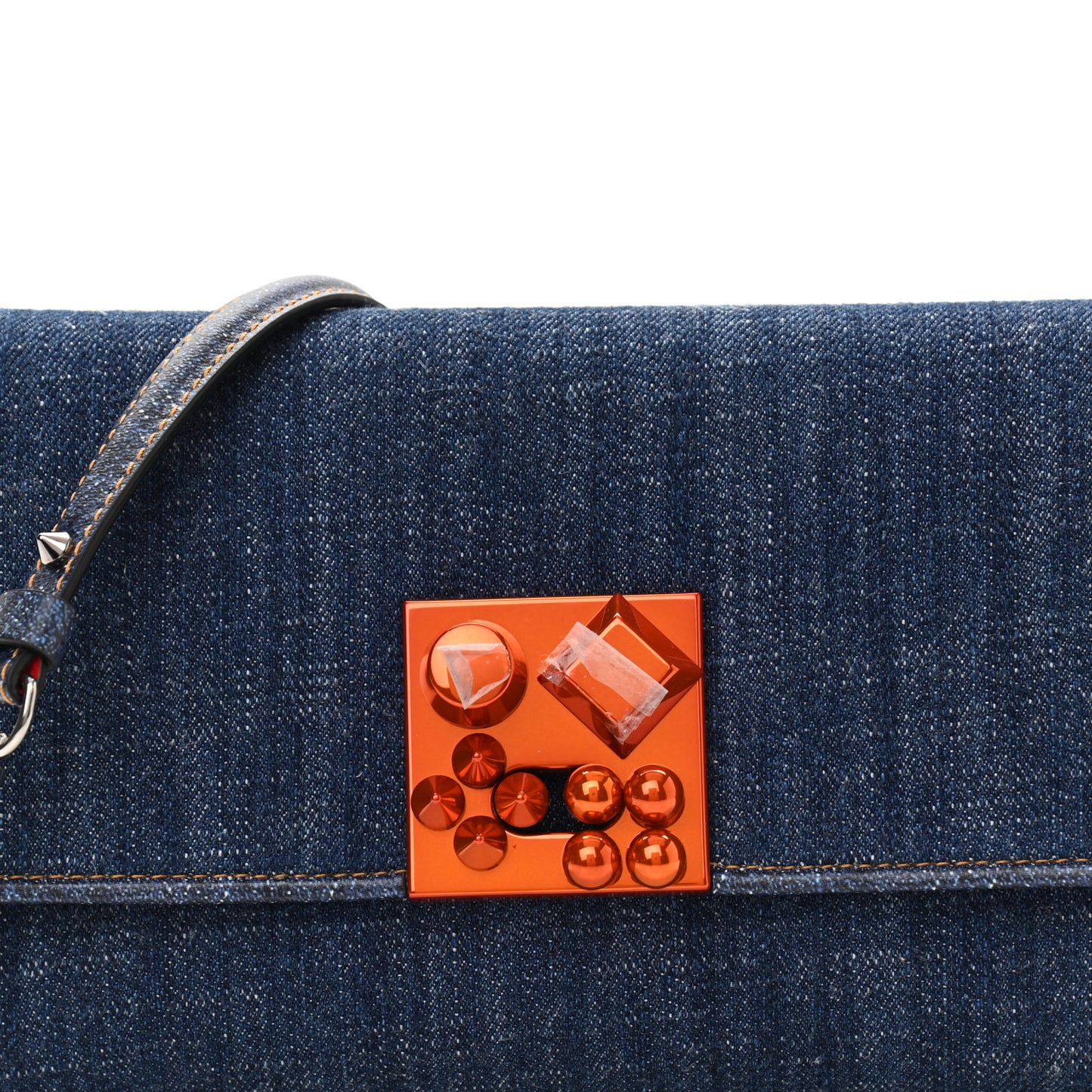 Denim Calfskin Studded Flap Carasky Clutch Blue