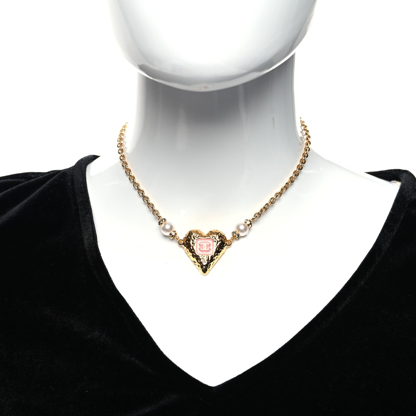 Resin Crystal Pearl Chain Heart CC Pendant Necklace Pink White Gold