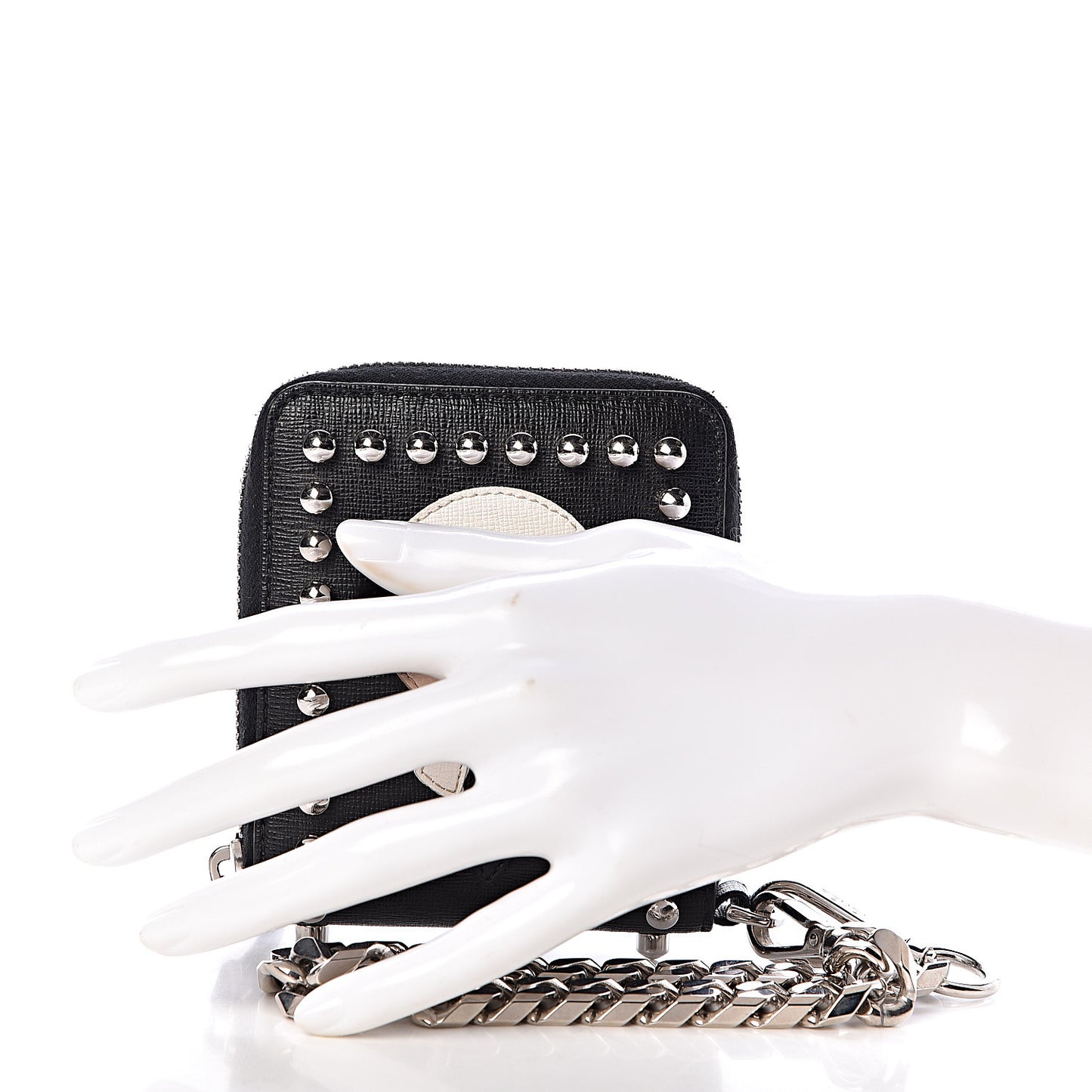 Vitello Elite Flamingo Mink Karlito Studded Zip Around Chain Wallet Black White Plaster