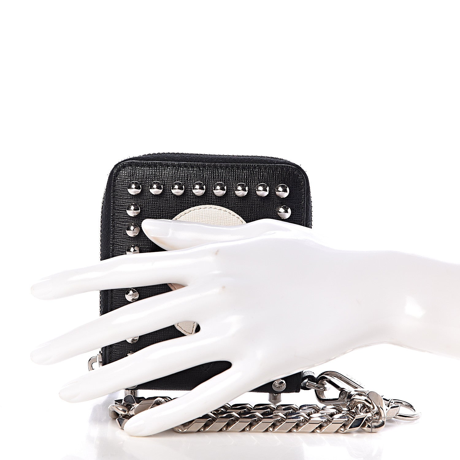 Fendi Vitello Elite Flamingo Mink Karlito Studded Zip Around Chain Wallet Black White Plaster 2 of 7