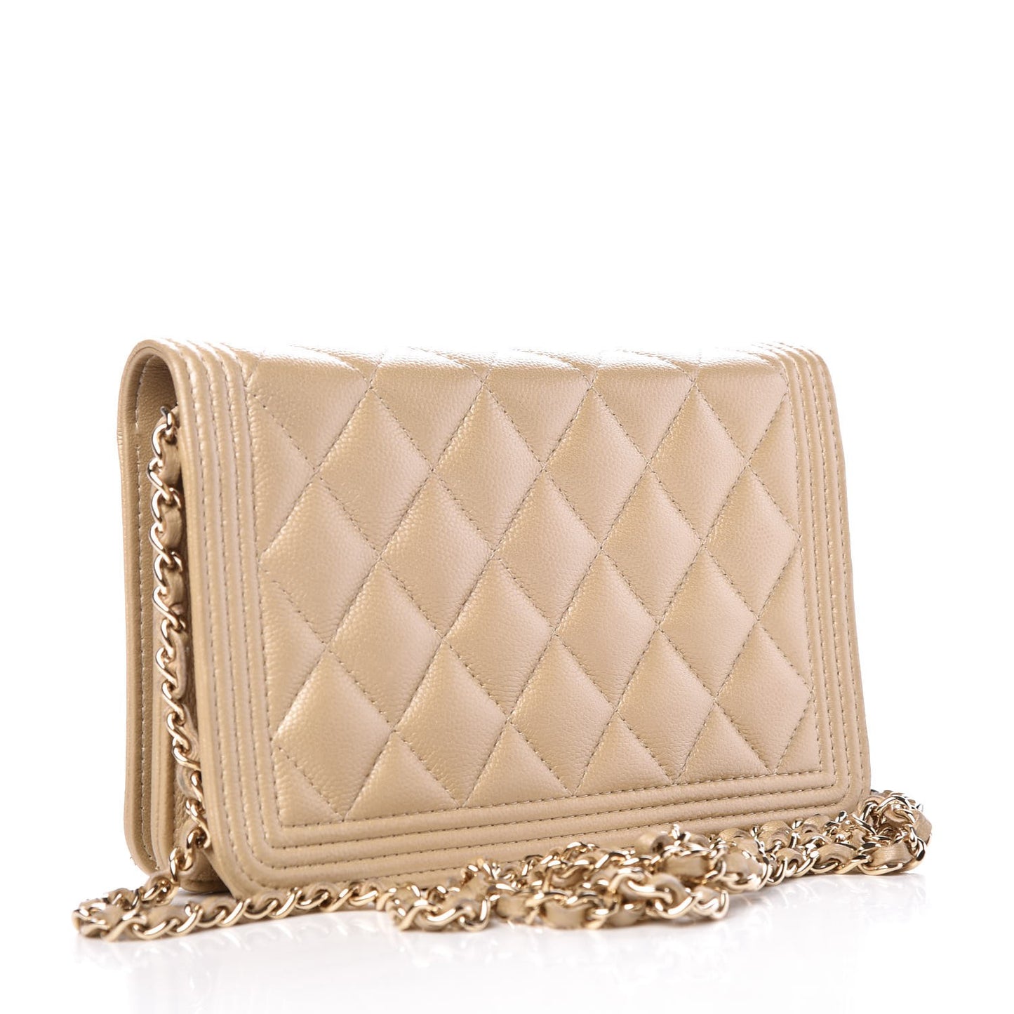 Metallic Caviar Quilted Boy Wallet On Chain WOC Light Gold