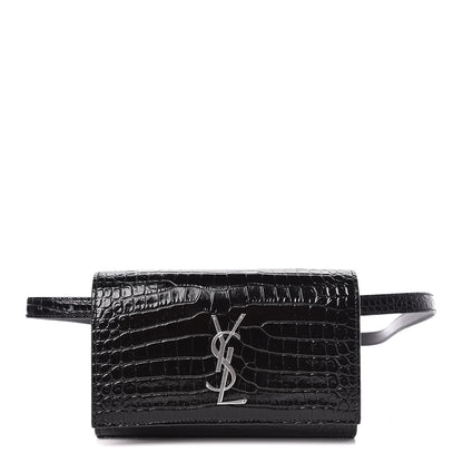 Saint Laurent Calfskin Crocodile Embossed Monogram Kate Belt Bag Black 1 of 10