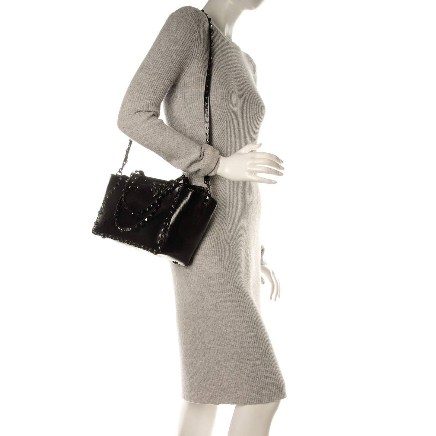 Craquele Calfskin Small Rockstud Rolling Tote Black