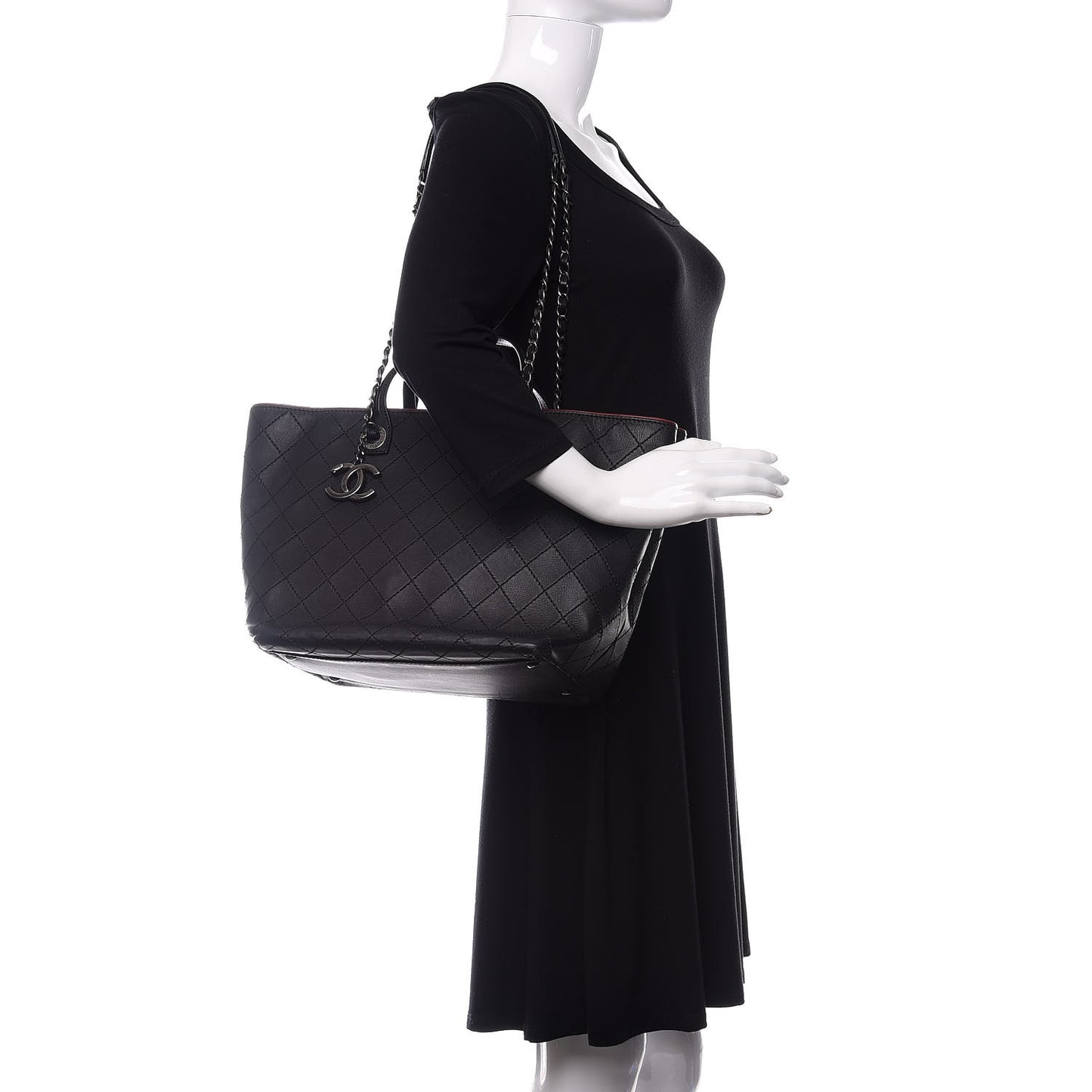 Calfskin Stitched Medium Shopping Tote Black