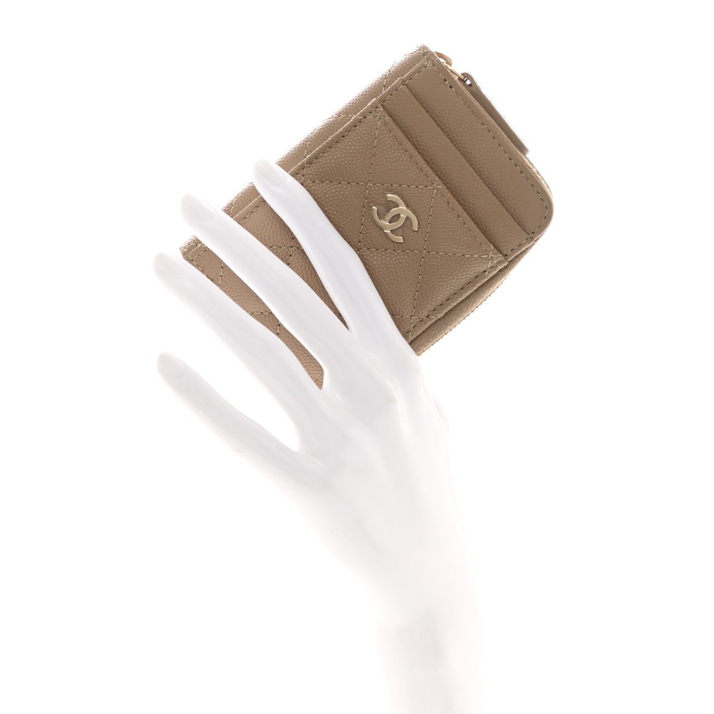 Caviar Quilted Zip Card Holder Beige
